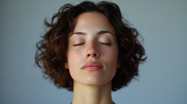 Close-up portrait of a young woman with her eyes closed. she has shoulder-length curly hair and is looking off to the side with a peaceful expression on her face.