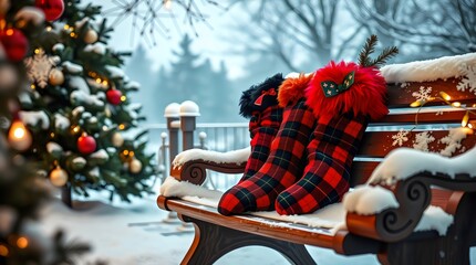 Plaid and fur Christmas stockings arranged on a snowy outdoor bench