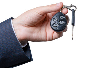 Hand holding a car remote key fob with a key on a transparent background