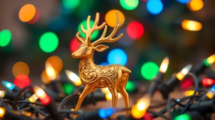 Golden reindeer figurine surrounded by sparkling Christmas lights