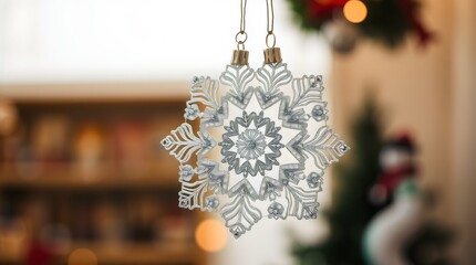 Hanging snowflake ornaments sparkling against a soft blurred background