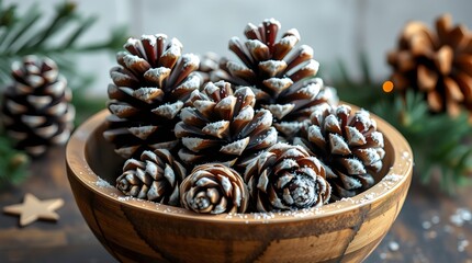 Pinecone Christmas decorations dusted with glitter and arranged in a wooden bowl