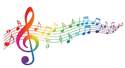 Vibrant rainbow colored music notes flowing across a wavy staff
