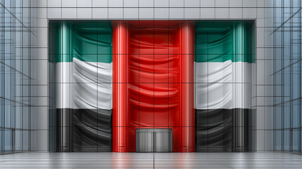 UAE flag with architectural grid reflection, patriotic concept