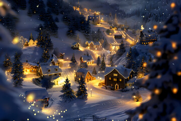 Fototapeta premium Enchanting Snowy Village Aglow with Warm Christmas Lights Under a Starry Night Sky
