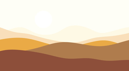 Obraz premium Abstract minimalist landscape illustration featuring rolling hills in warm, earthy colors with a bright sun, perfect for backgrounds, posters, and designs