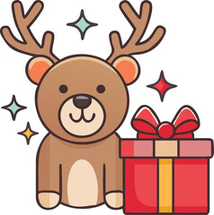 Smiling Cartoon Bear in Reindeer Antlers Beside Red Gift Box, Surrounded by Multi-Color Sparkles, Vector Icon for Christmas Celebration