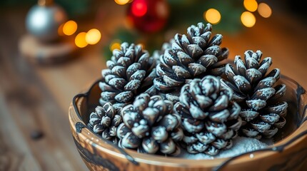 Pinecone Christmas decorations dusted with glitter and arranged in a wooden bowl