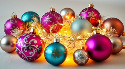 Christmas ornaments and tinsel arranged around glowing fairy lights