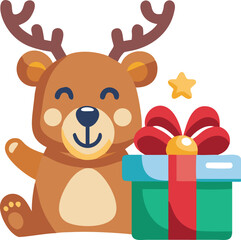 Happy Cartoon Bear with Reindeer Antlers Waving Beside Green Christmas Gift Box, Flat Style Icon with Gold Star Detail, Vector