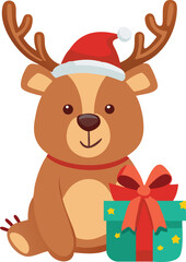 Charming Christmas Bear Icon in Santa Hat and Large Antlers, Beside Teal Gift Box Decorated with Stars, Flat Style Vector Graphic