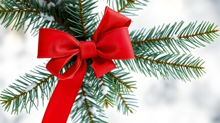 Classic red Christmas bow tied onto a snowy evergreen branch