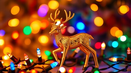 Golden reindeer figurine surrounded by sparkling Christmas lights