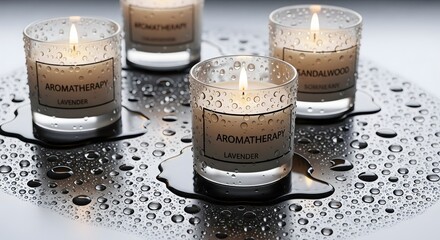 Aromatic candles with water droplets in a spa setting create a relaxing ambiance.