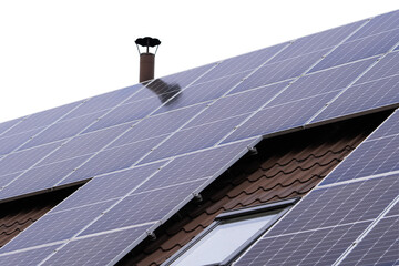 Solar panels on a sloped roof under a clear sky for renewable energy generation