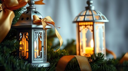 Christmas lantern glowing warmly beside a pine garland and golden ribbon