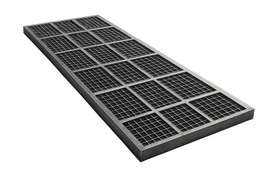 Durable rectangular metal grid pathways for modern industrial-style gardens.