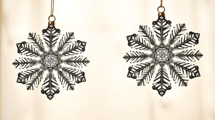 Hanging snowflake ornaments sparkling against a soft blurred background