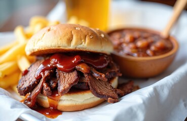 Close-up of a juicy tri-tip sandwich with baked beans and french fries. The meal looks appetizing served on white paper. A beer glass is nearby suggesting a summer barbecue event.