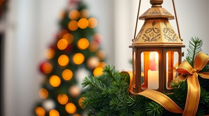 Christmas lantern glowing warmly beside a pine garland and golden ribbon