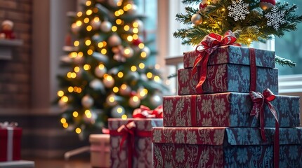 Snow-dusted Christmas presents stacked beside a glowing tree