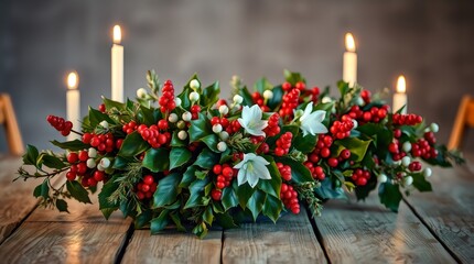 Holly and berry Christmas centerpiece arranged on a rustic wooden table