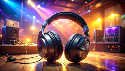 Black over-ear headphones resting on a sleek surface in a neon-lit music studio, surrounded by audio gear, vibrant LED lights, and a futuristic ambiance evoking electronic music production.