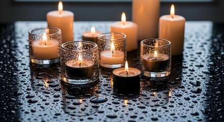 Candles burning with bright flames illuminate a dark surface.