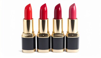 Four upright lipsticks in black and gold casing, displayed against a white background, showcasing bright pink, soft pink, orange-red, and vibrant red shades for cosmetic comparison and product styling