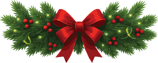 Pine Sprigs Centerpiece with Red Bow, Berries, and Gold Ribbon