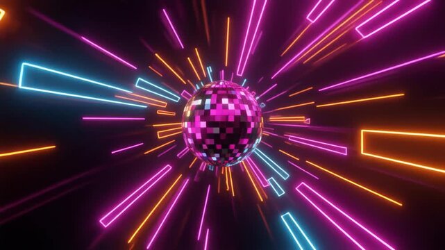 4K Video Abstract Disco Ball with Neon Lights Bursting Outwards, Futuristic Energy and Motion