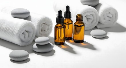 Essential oil bottles with dropper, white towels and gray stones on a white surface.