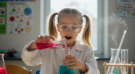 眩い自然光が優しく降り注ぐ中白衣とゴーグルの少女が真剣な表情でフラスコ中の鮮やかな液体を丁寧に混ぜ新たな化学反応から生まれる煙と驚きに夢中. AI Generated