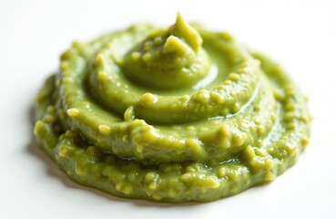 Obraz premium Creamy green avocado dip swirled on white plate. This fresh spread is ideal for snacks, meals, and Mexican cuisine. Its smooth texture and vibrant color make it appealing.