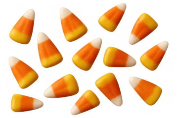 Candy corn pieces scattered, a pattern of sweet halloween treats, sugar candy for autumn celebration, transparent background