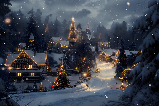 A Serene Christmas Village Illuminated by Golden Lights During a Gentle Night Snowfall - Powered by Adobe