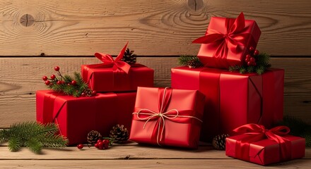 Red gift boxes with ribbons and holiday decorations on a wooden surface