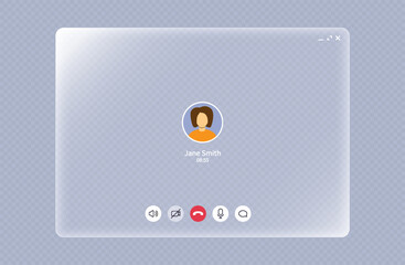 Obraz na płótnie Canvas Video call screen with liquid glass frame. White light board with call interface for web and tablet or pad. Sound, mic, video and message icons and avatar. Messenger app mockup, vector illustration.