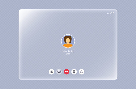 Video call screen with liquid glass frame. White light board with call interface for web and tablet or pad. Sound, mic, video and message icons and avatar. Messenger app mockup, vector illustration.