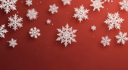 White paper snowflakes scattered on a red background