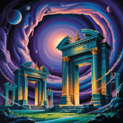 Ancient Roman temple architecture and ruin in Europe, a historical landmark monument of culture and city