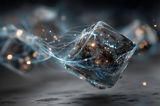 Floating rare earth crystals with luminous data streams in digital space