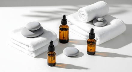 Still life of essential oil bottles, towels and smooth stones on a white surface.