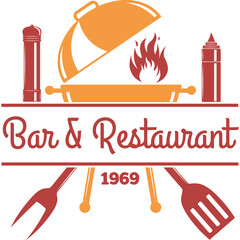 Bar Restaurant Emblem With Grill Utensils Ketchup Mustard Salt Pepper And Date 1969 In Orange And Red Tones And Transparent Background