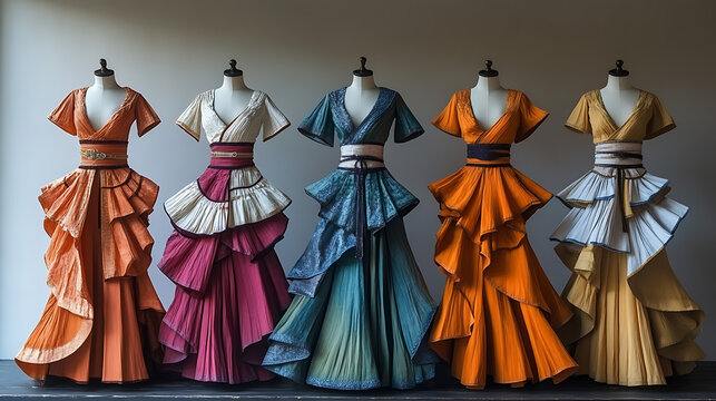 Thai festival costume inspired design with bold color blocking and intricate belt detailing soft white backdrop 