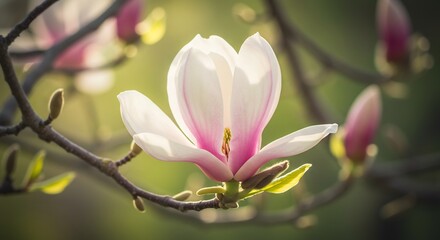 Fototapeta premium 春の優しい日差しが差し込む中柔らかな光を浴びて咲く淡いピンクと白の木蓮の花びらがきらめく緑の背景に浮かび上がる美しい瞬間繊細な色彩が織りなす幻想的な美しさ. AI Generated