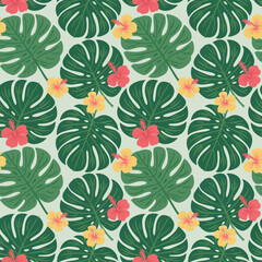 Seamless vintage floral pattern with red flowers, green leaves, and nature vector illustration design
