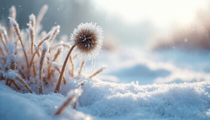 Frozen plants and grass covered with ice after freezing rain, winter nature scene with bright sunlight. Frosty textures sparkle on frozen stems and seed head in cold outdoor setting.