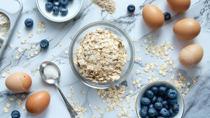 National Oatmeal Muffin Day:Oatmeal muffin baking ingredients flatlay, rolled oats in glass bowl, fresh blueberries, eggs, flour, brown sugar, measuring spoons, recipe card, marble countertop
