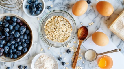 National Oatmeal Muffin Day:Oatmeal muffin baking ingredients flatlay, rolled oats in glass bowl, fresh blueberries, eggs, flour, brown sugar, measuring spoons, recipe card, marble countertop